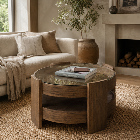 Round wooden coffee table in a living room with a sofa, books, and a plant.