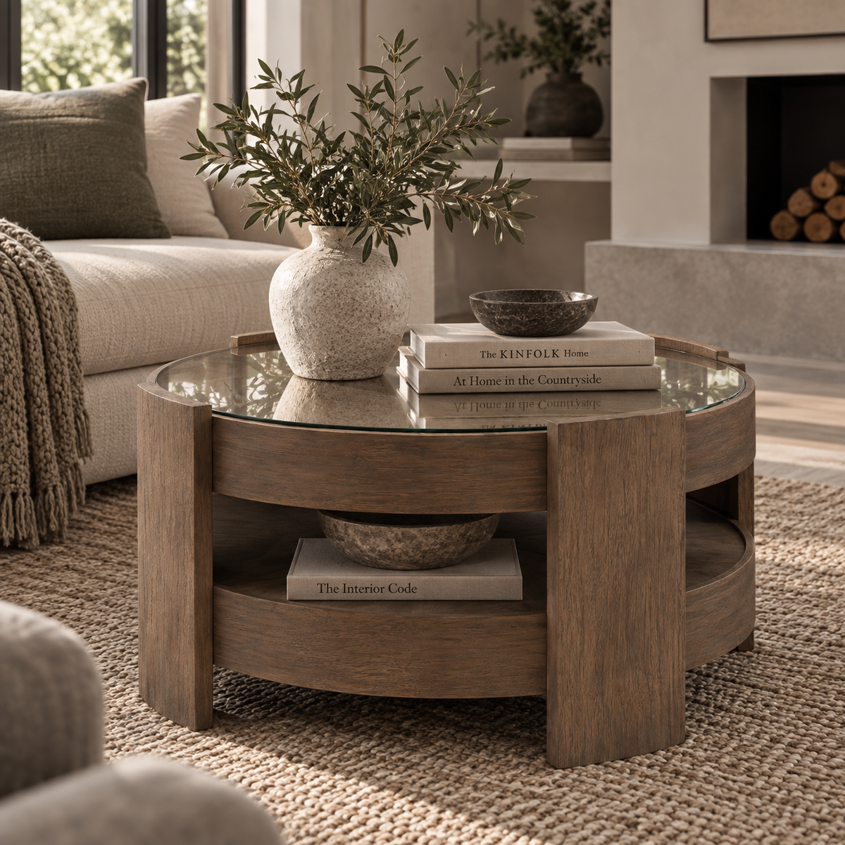 A round wooden coffee table with a glass top and open lower shelf, styled in a living room with books, a vase, and bowls.