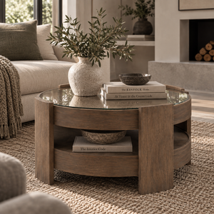 A round wooden coffee table with a glass top and open lower shelf, styled in a living room with books, a vase, and bowls.