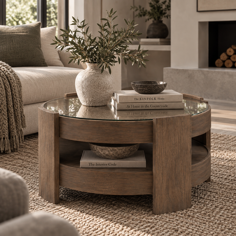 A round wooden coffee table with a glass top and open lower shelf, styled in a living room with books, a vase, and bowls.