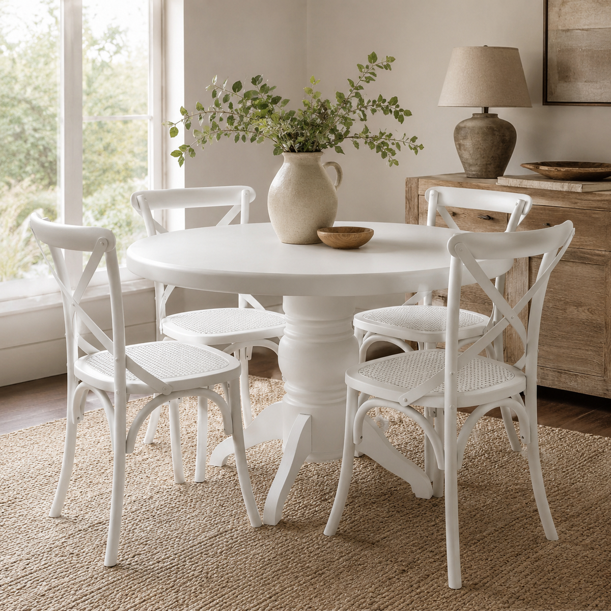 A round white pedestal dining table with four matching white chairs in a bright, neutral-toned dining room. A beige ceramic pitcher with greenery and a small wooden bowl sit on the tabletop.