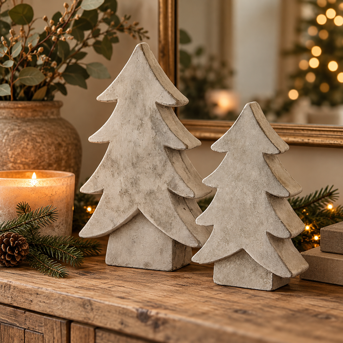 Two pale stone-effect Athena trees on a rustic wooden sideboard with a lit candle, pine sprigs and pinecones