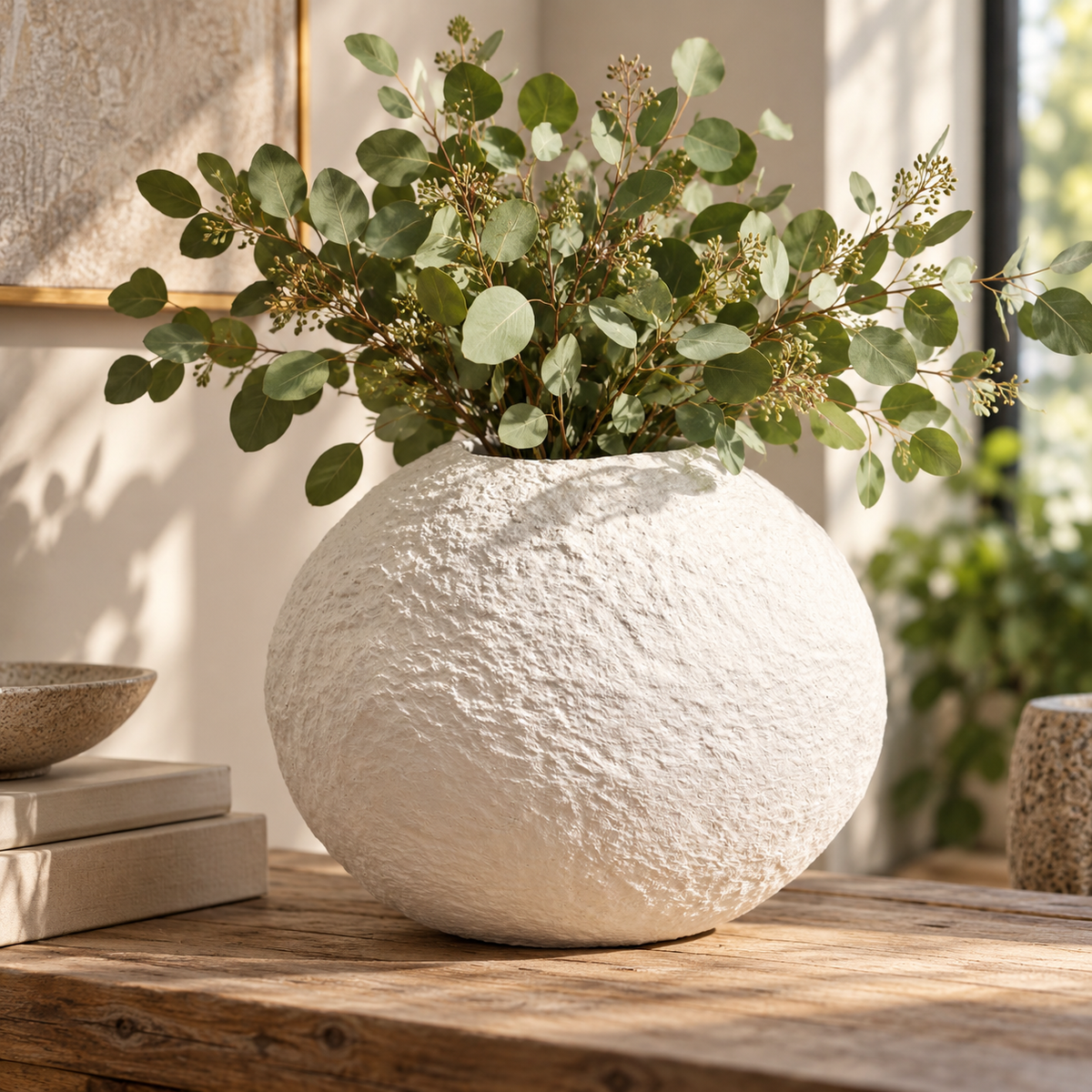 Avara Cotton Mache Large Round White Vase filled with eucalyptus on a rustic wooden console in a sunlit room
