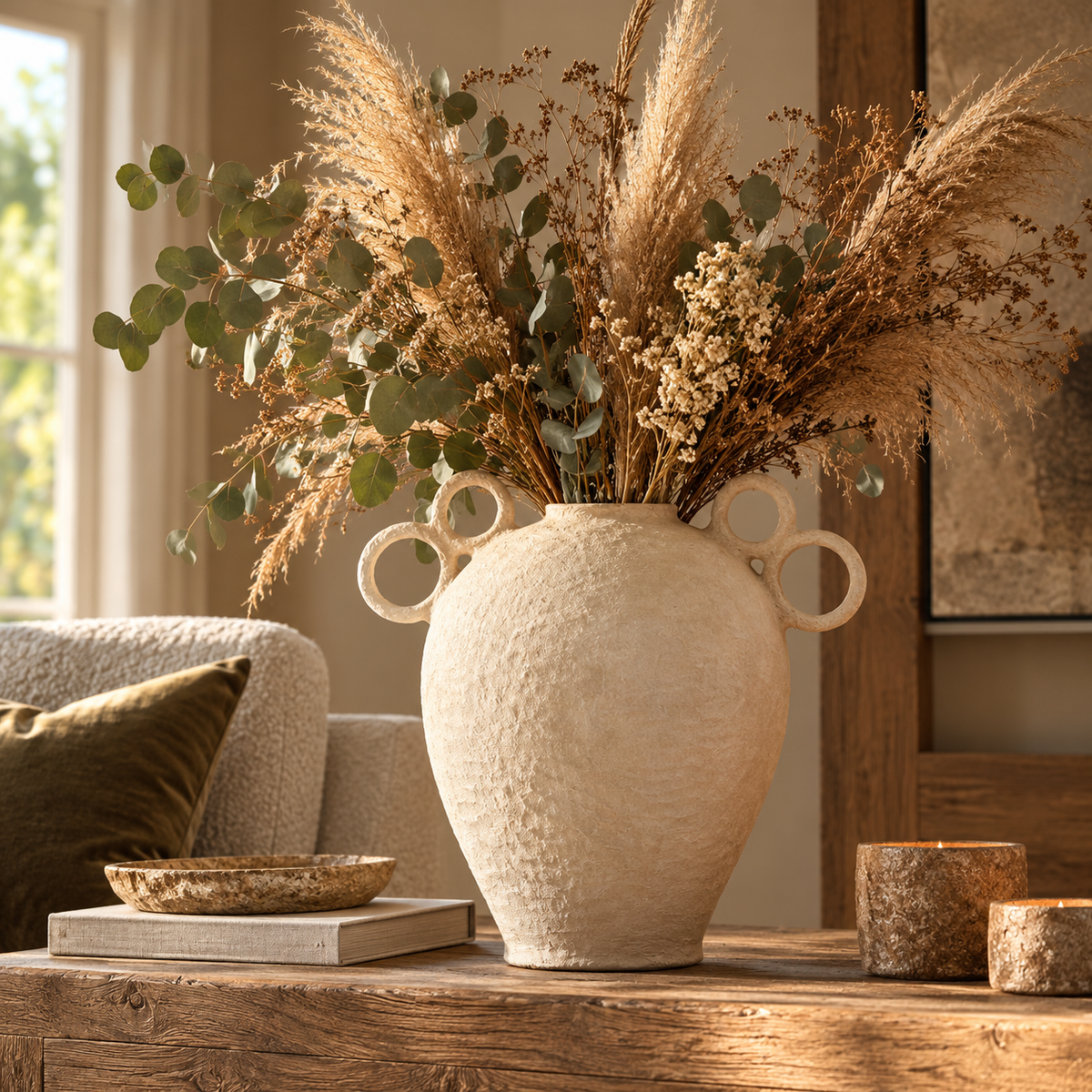 Avara Cotton Mache Large Vase With Decorative Handles filled with dried pampas and eucalyptus on a rustic wooden table beside a cream sofa