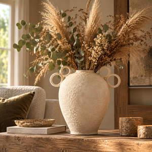 Avara Cotton Mache Large Vase With Decorative Handles filled with dried pampas and eucalyptus on a rustic wooden table beside a cream sofa