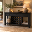 Axis Console Table With Wine Rack in black, styled with lamps and wine bottles in a hallway