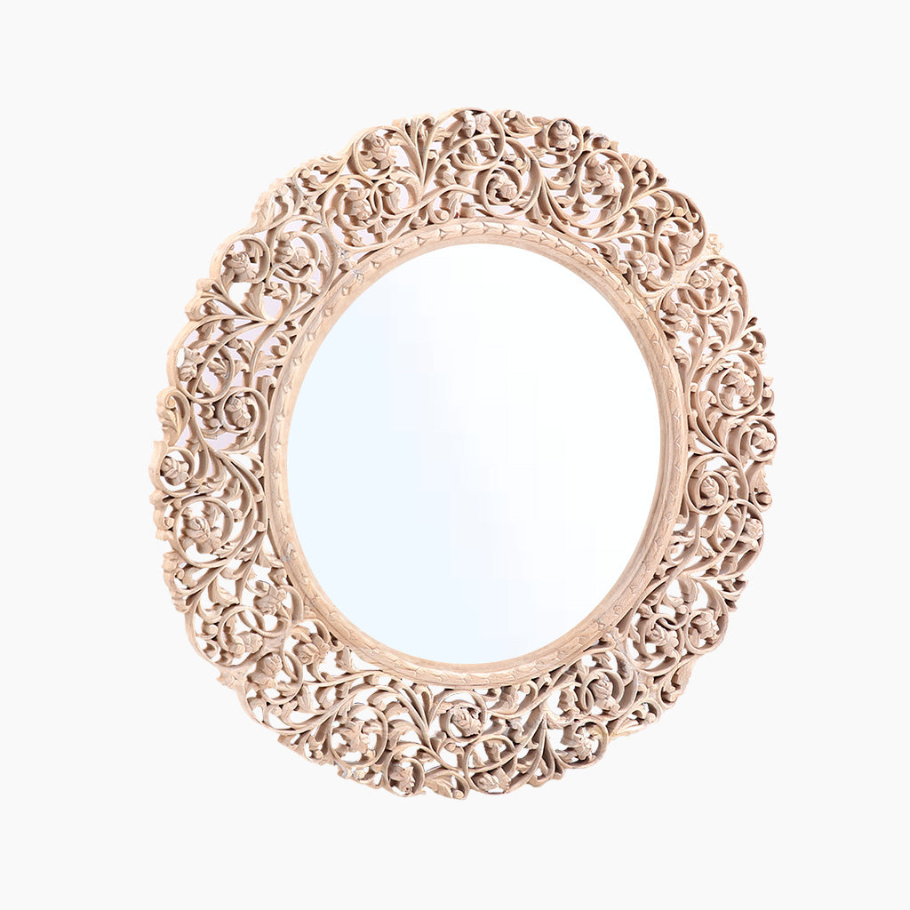 Noor Carved Wood Round Mirror