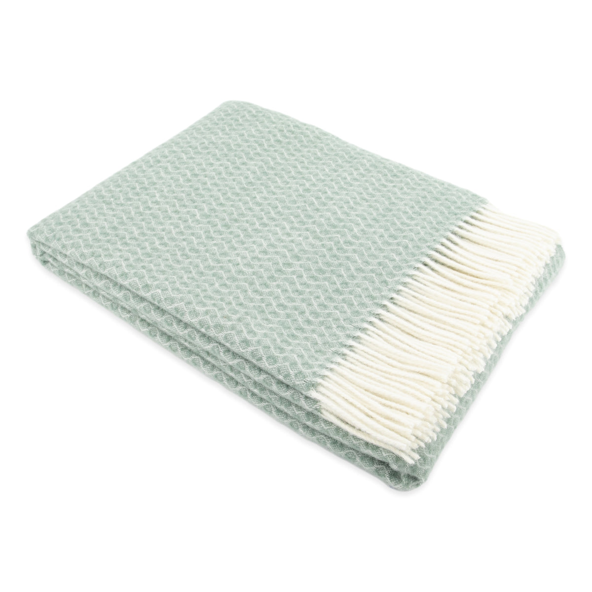 Hoop Pattern Green Wool Blanket folded on a white background, showing the sage green hoop pattern and cream fringe