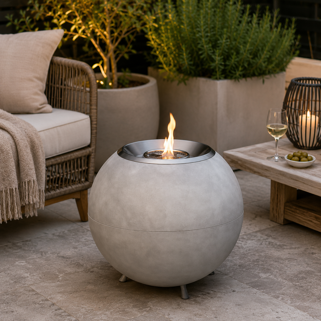 A spherical concrete outdoor fire pit with a visible flame, placed on a patio beside a wicker chair, plants, and a small table with a wine glass and olives.