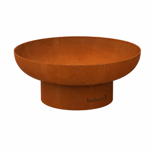 A round, raised outdoor fire pit bowl with a textured rust finish, featuring the 'barbecook' brand name printed in black on the front base, set against a solid white background.