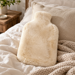 Beige Sheepskin Hot Water Bottle resting on a linen bed with a chunky knitted throw, beside a rustic wooden bedside table