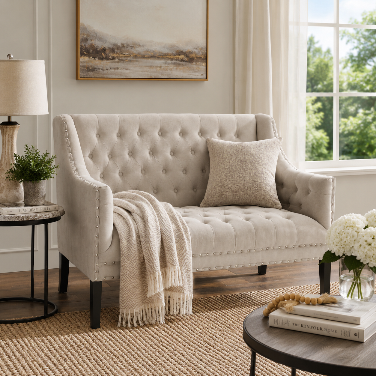Belgravia beige velvet two seater sofa in a cosy traditional room setting