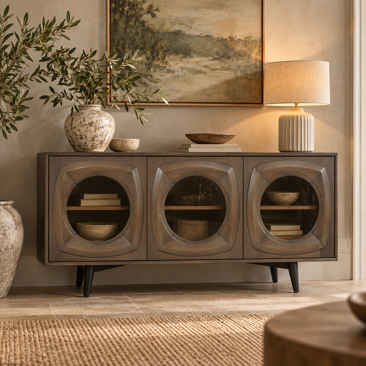 A mid-century modern sideboard cabinet in weathered grey-brown wood, styled in a warm, rustic living room setting with a table lamp, ceramic vases, and a framed landscape painting.
