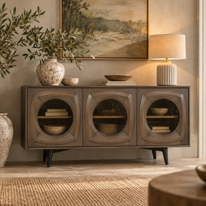 A mid-century modern sideboard cabinet in weathered grey-brown wood, styled in a warm, rustic living room setting with a table lamp, ceramic vases, and a framed landscape painting.
