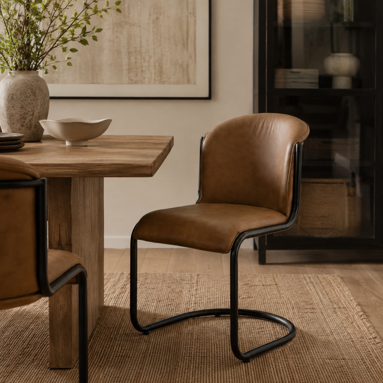 Tan leather dining chair with a curved back and black metal cantilever frame, positioned beside a rustic wooden dining table in a warm, neutral-toned interior with a woven rug and natural decor.