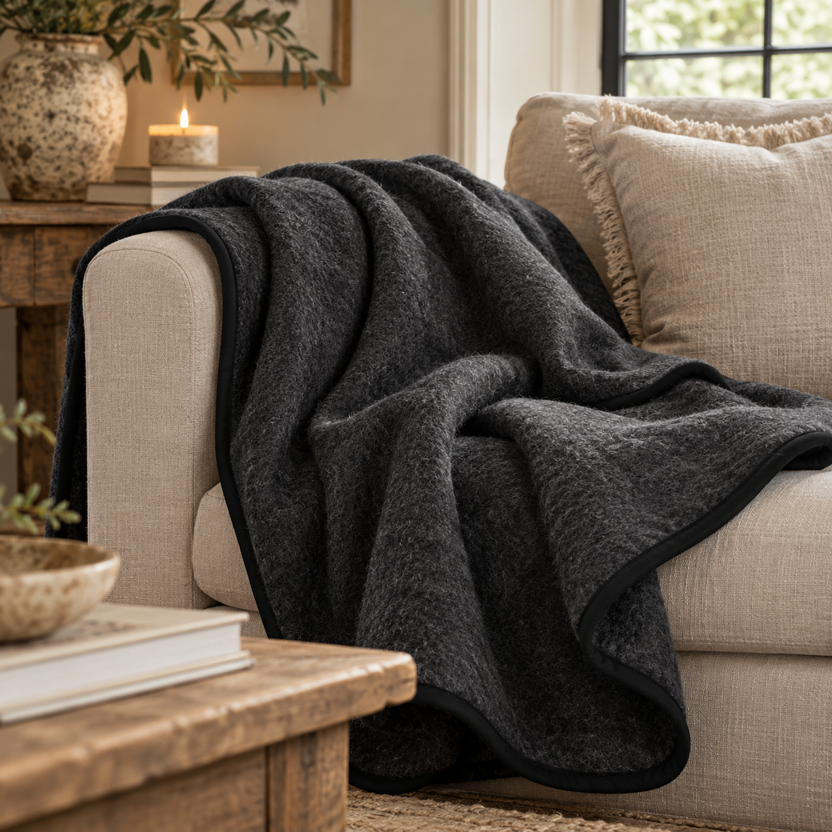 Black Merino Wool Blanket draped over a cream sofa with linen cushions, beside a rustic wooden table, a candle and a stoneware bowl