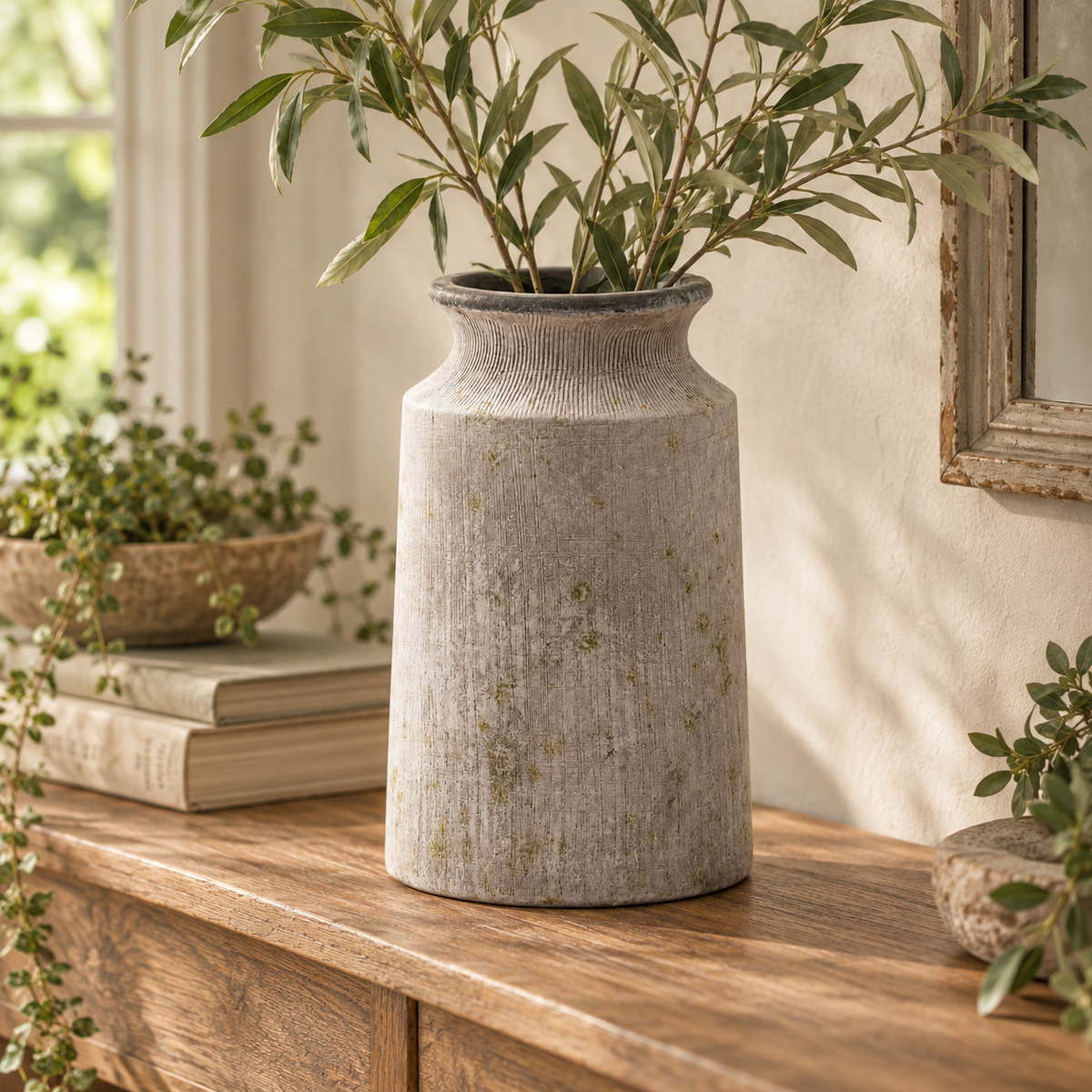 Bloomville Urn Stone Vase filled with olive branches on a wooden sideboard by a window, beside books and a trailing plant
