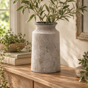 Bloomville Urn Stone Vase filled with olive branches on a wooden sideboard by a window, beside books and a trailing plant