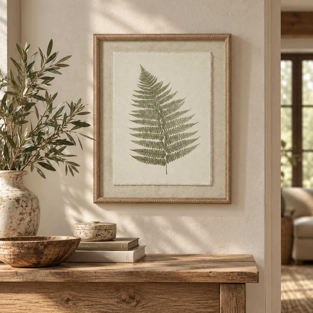 Bracken Art On Texture-Torn Paper With Beaded Frame hung above a rustic wooden console table with olive branches in a stone vase, a wooden bowl and stacked books