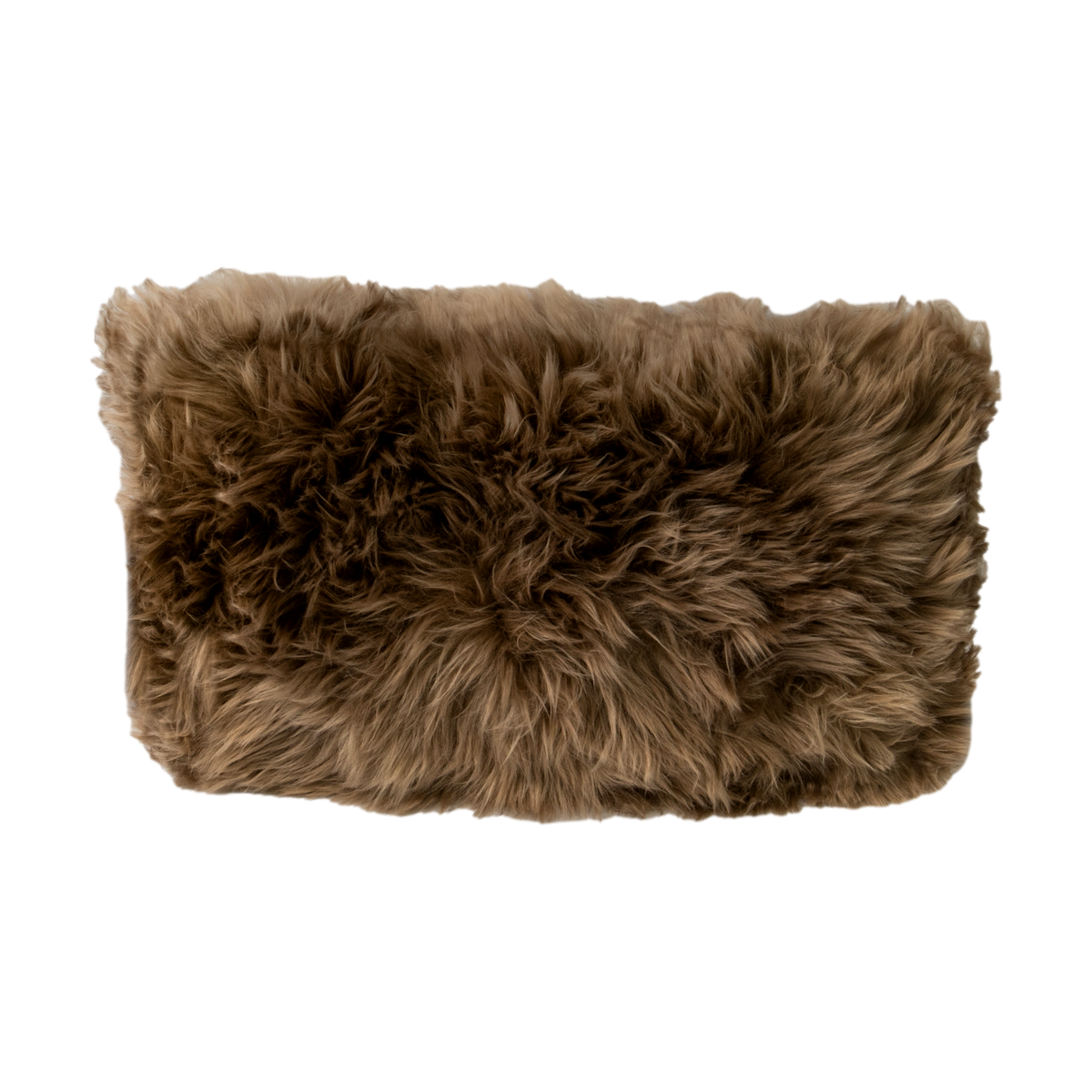 Rectangular Light Brown Sheepskin Cushion with long brown wool, on a dark background