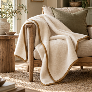 Cappuccino Merino Wool Blanket in cream with a caramel binding draped over a wooden armchair, beside a stone vase of olive branches and a jute rug