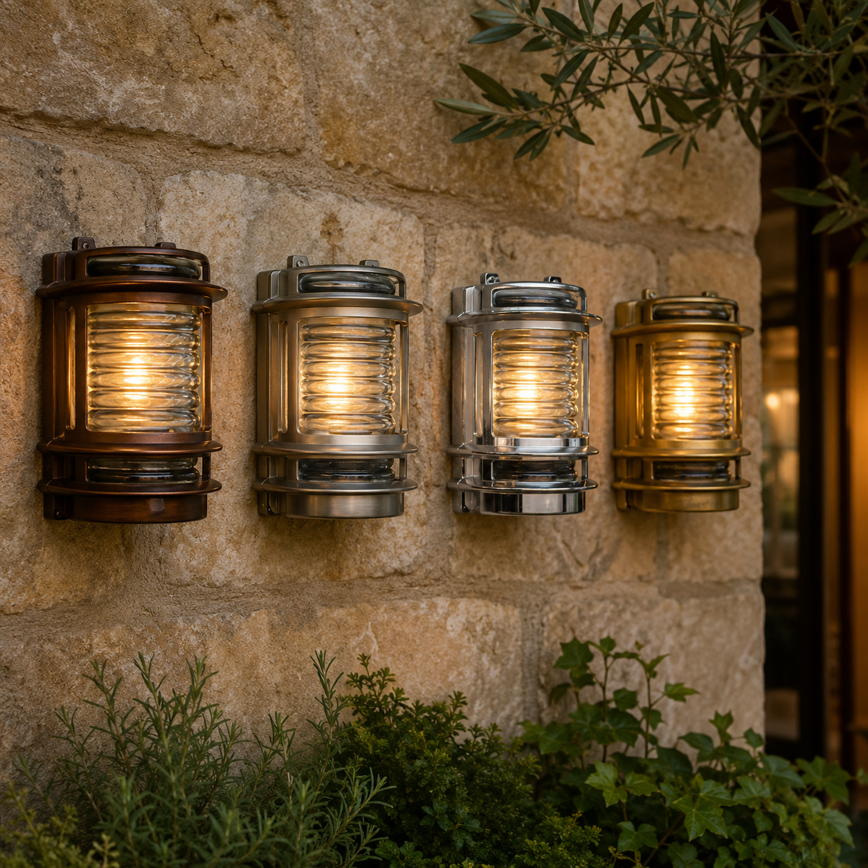 Four nautical-style outdoor wall lanterns mounted on a stone wall, with three illuminated and one unlit, surrounded by green plants.