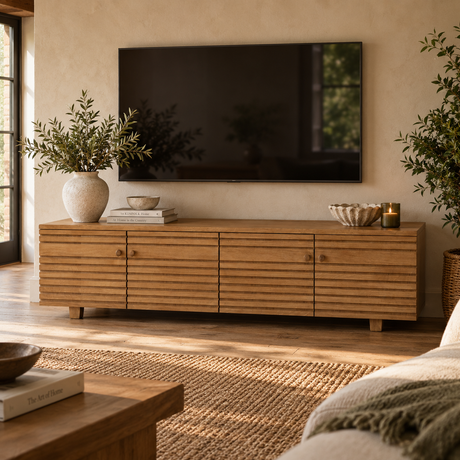 A mid-century modern wooden TV stand and sideboard cabinet in a warm natural wood finish, styled in a living room setting with a wall-mounted television, potted plants, and woven decor.