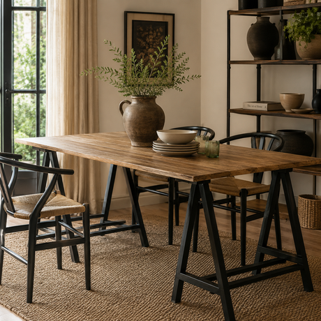 A rustic wooden dining table with black trestle-style metal legs, styled in a warm, modern dining room with chairs, a woven rug, and a large ceramic vase on top.