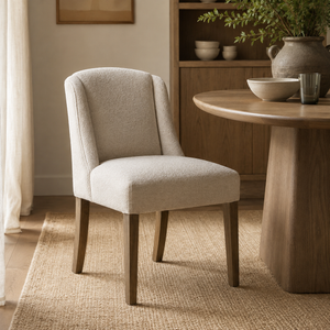 A light beige upholstered dining chair with dark wood legs, positioned next to a round wooden table in a warm, neutral-toned dining room setting.