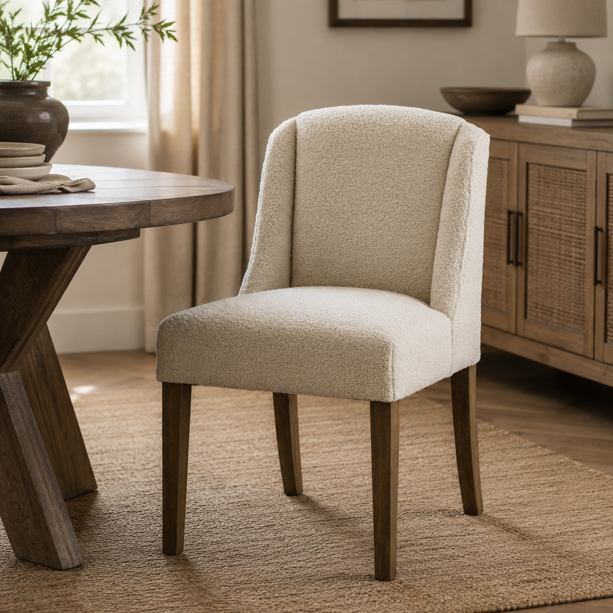 An upholstered dining chair with a textured cream bouclé fabric and dark wood legs, positioned in a warm, neutral-toned dining room next to a wooden table.