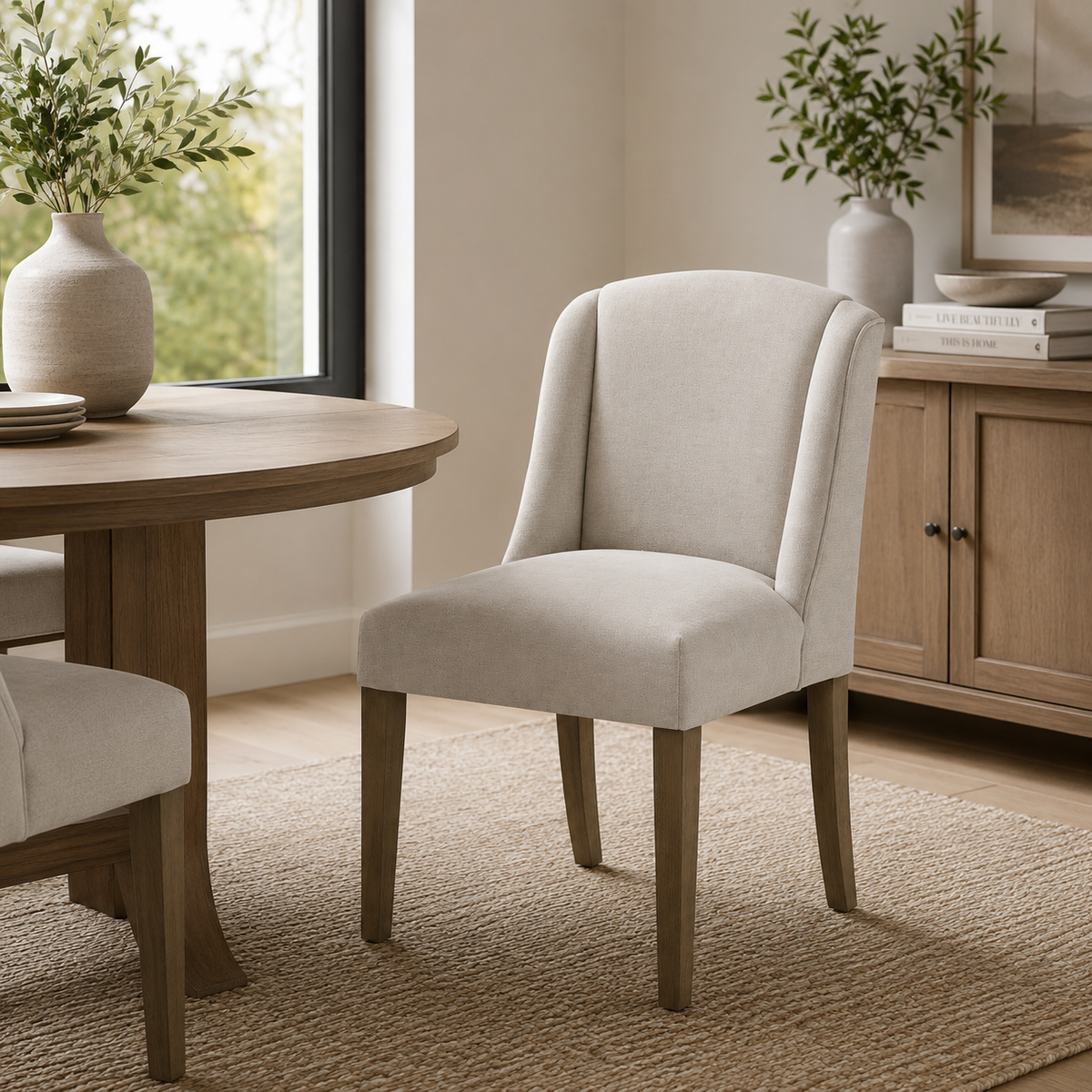 An upholstered dining chair in a light beige fabric with tapered wood legs, shown in a styled dining room next to a round wooden table and a sideboard.