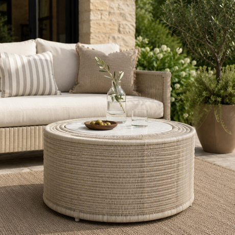 A round woven outdoor coffee table in a light beige tone, styled with a glass vase, water glass, and a small bowl of olives on a patio next to a matching sofa.