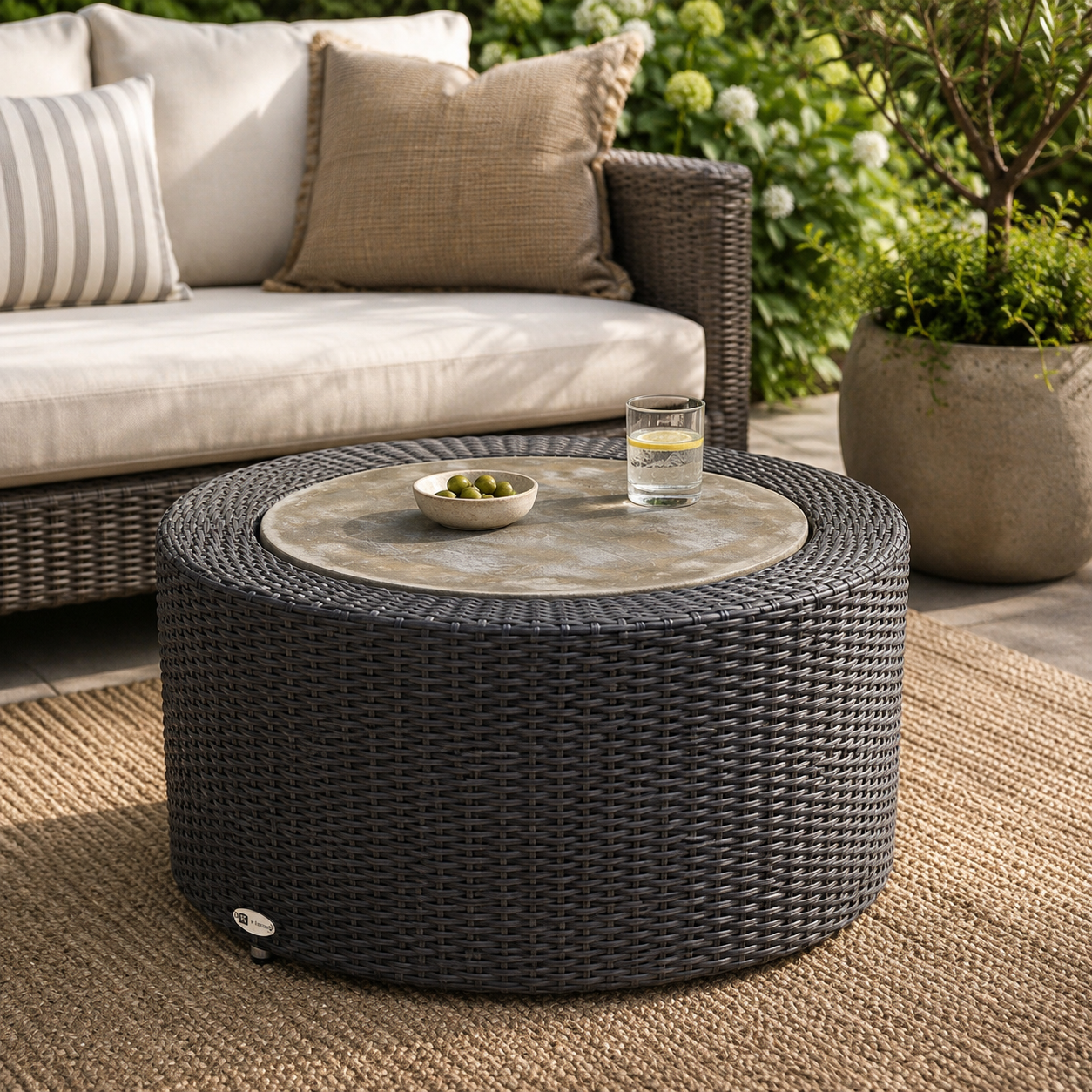 A round outdoor coffee table made of dark woven wicker with a circular stone-look top, shown in a patio setting next to a cushioned sofa and potted plants.