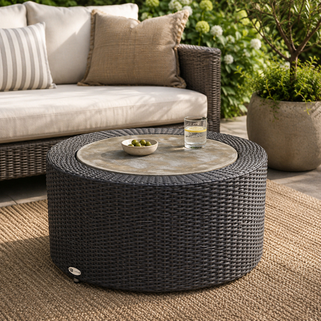 A round outdoor coffee table made of dark woven wicker with a circular stone-look top, shown in a patio setting next to a cushioned sofa and potted plants.