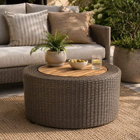 Round outdoor wicker ottoman table with a light wood top, styled in a patio setting with a sofa, pillows, a potted fern, a bowl of olives, and a glass of iced tea.