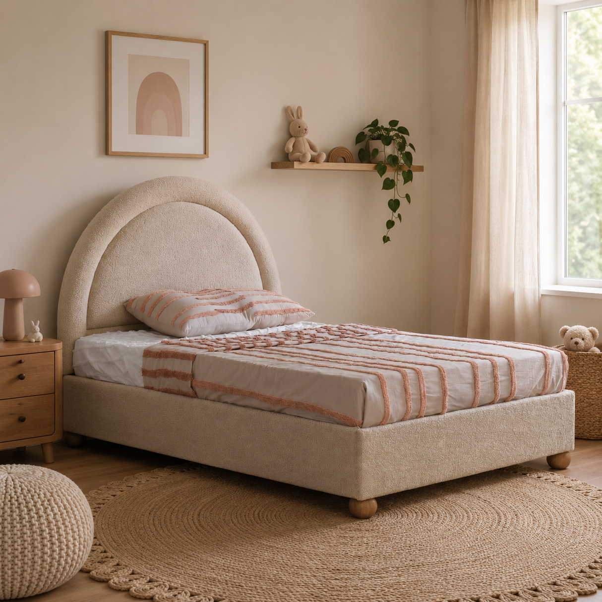 Cream boucle upholstered double bed with striped bedding in a cosy bedroom setting.