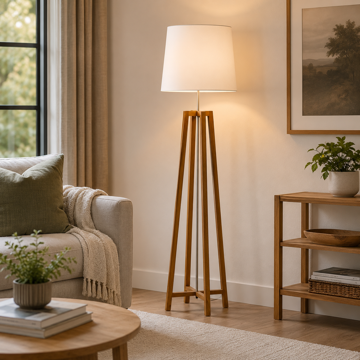 Wooden cross floor lamp in a living room setting with a sofa, coffee table, and decorative items.