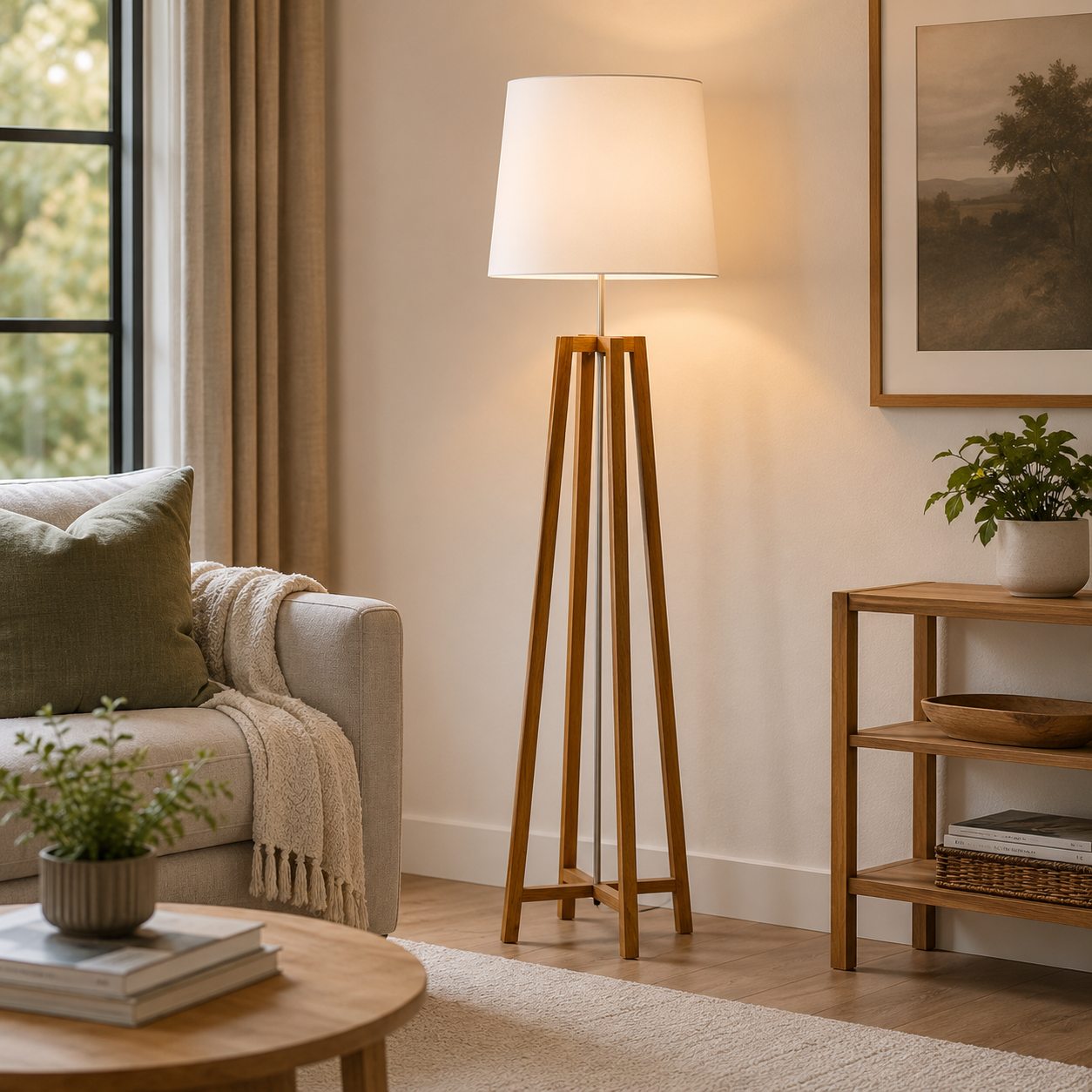 Wooden cross floor lamp in a living room setting with a sofa, coffee table, and decorative items.