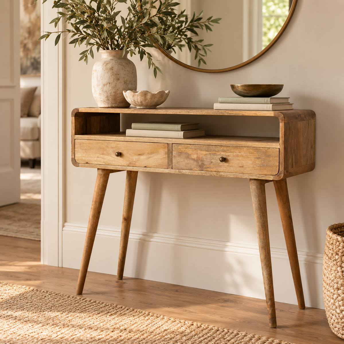 A mid-century modern wooden console table with two drawers and tapered legs, styled in a warm, sunlit room with home decor accessories.