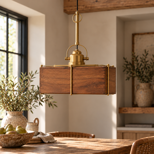 Large Dabla Square Wooden & Brass Pendant Light over a dining table with olive branches