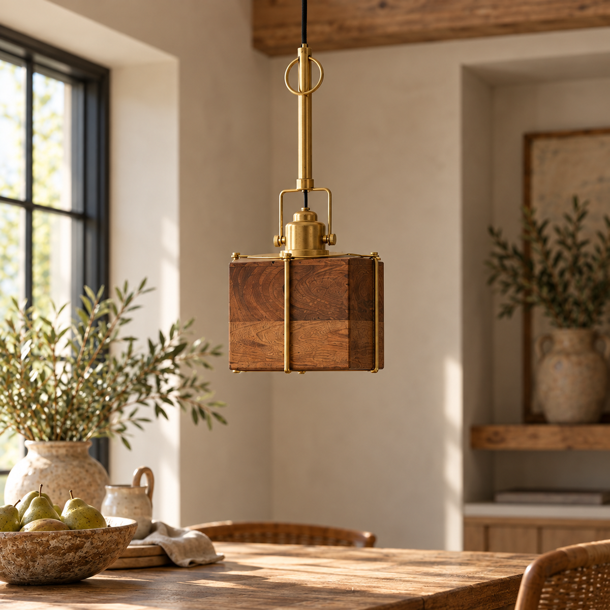 Small Dabla Square Wooden & Brass Pendant Light over a dining table with olive branches