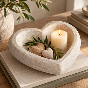 Deep Stone Heart Dish on a stack of linen-covered books, holding a lit pillar candle, olive sprigs and two small wooden hearts, beside a vase of olive branches