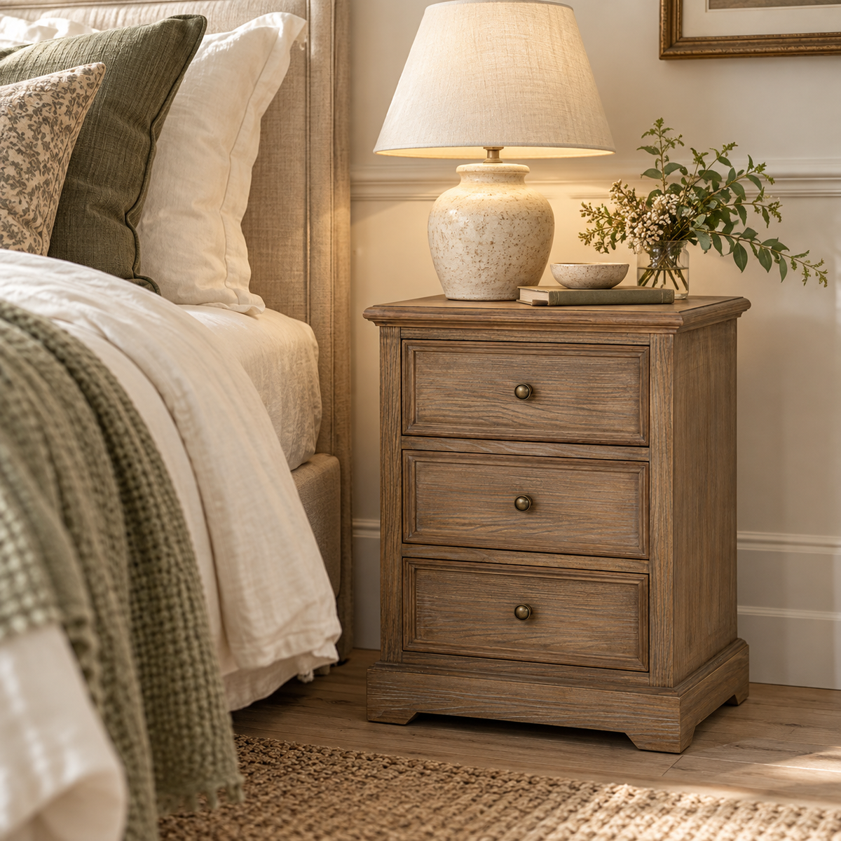 Delphine three drawer bedside table in weathered natural wood beside a bed, topped with a stoneware lamp, books and a sprig of greenery