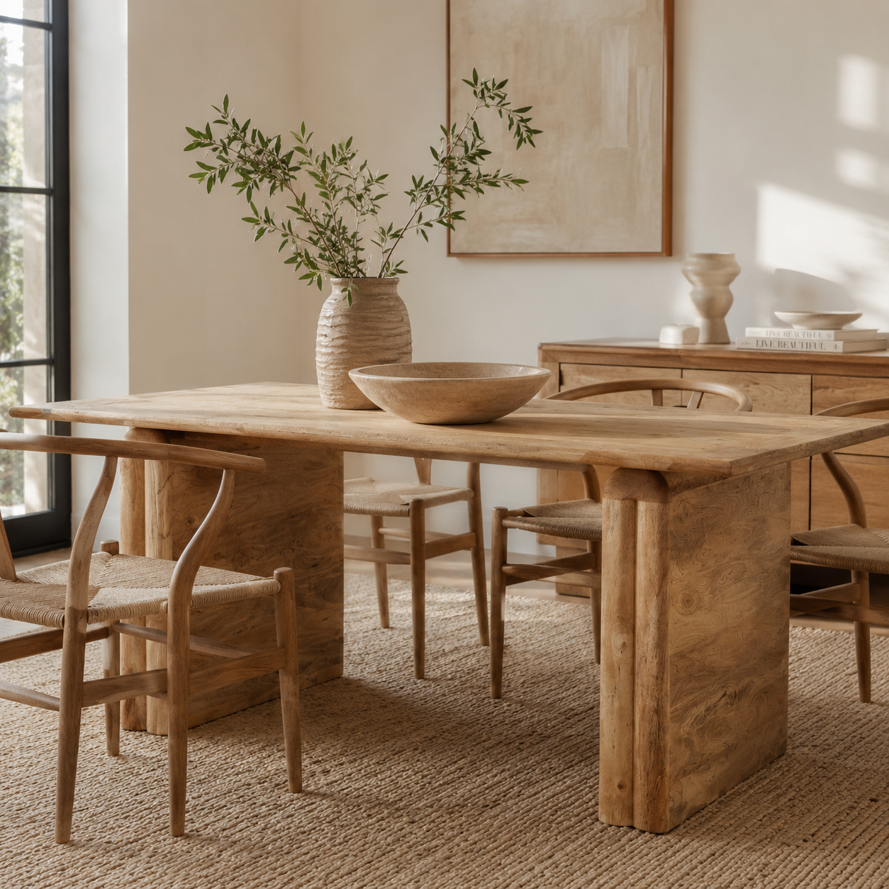 A rustic rectangular wooden dining table with thick block-style legs, surrounded by matching wooden chairs with woven seats, in a bright, modern dining room with a vase of greenery and a bowl on the table.