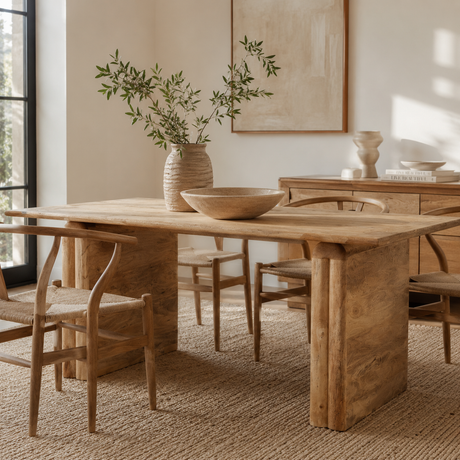A rustic rectangular wooden dining table with thick block-style legs, surrounded by matching wooden chairs with woven seats, in a bright, modern dining room with a vase of greenery and a bowl on the table.