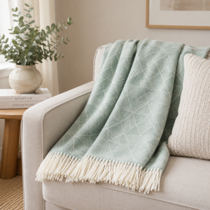 Light green throw blanket with white fringe draped over a beige sofa in a cozy living room.