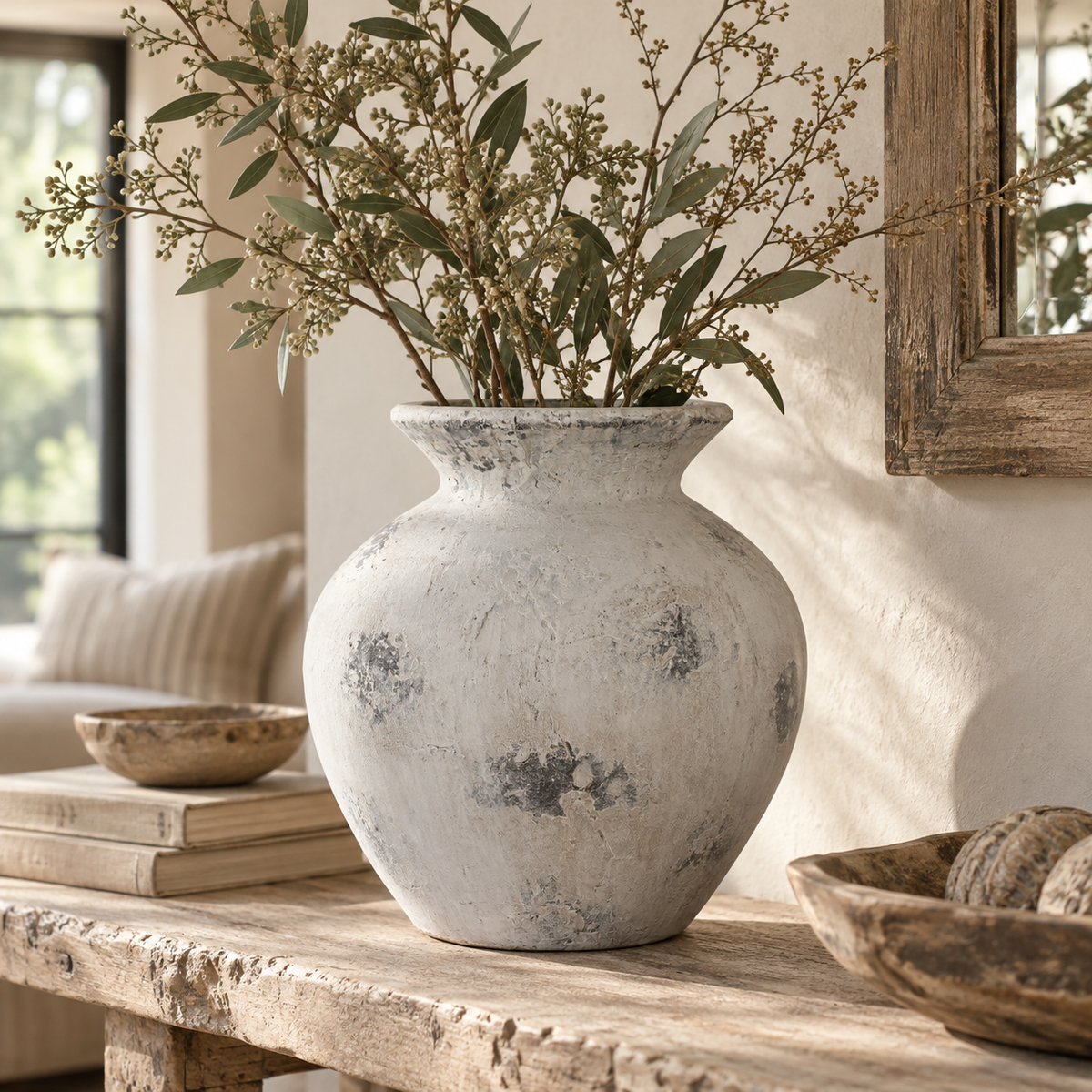 Downton Large Antique White Vase filled with green foliage on a rustic wooden console beside books and a wooden bowl