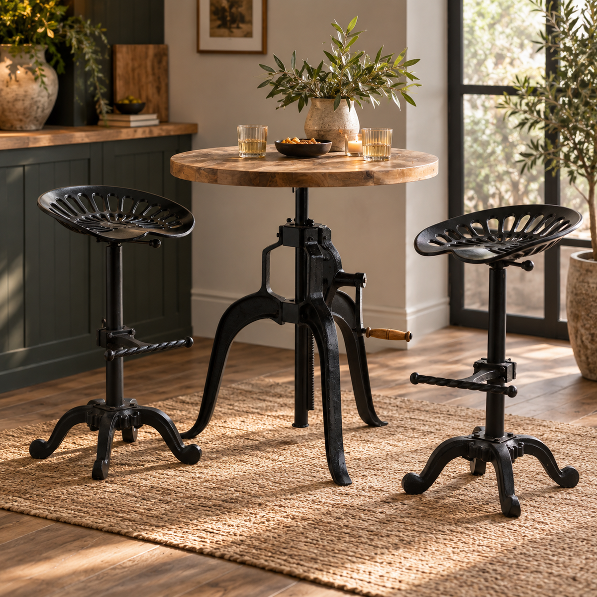 A rustic industrial bistro set featuring a round wooden table with a black metal height-adjustable pedestal base and two matching black bar stools with fan-shaped seats, shown in a warm, sunlit kitchen setting.