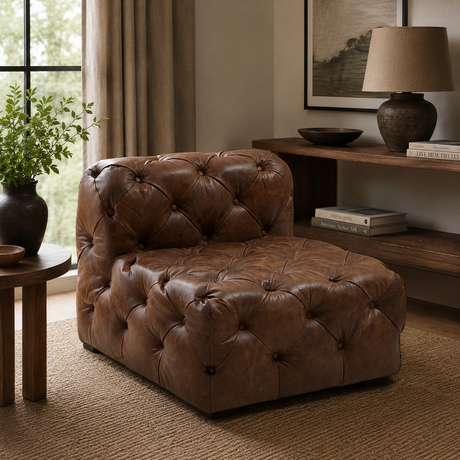 Brown leather armchair in a cosy living room setting with a lamp, books, and a plant.