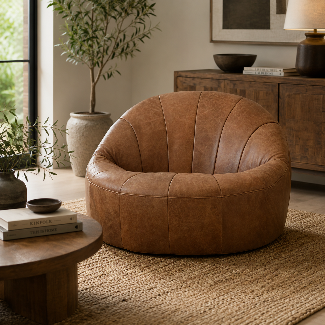 Curved brown leather chair in a cosy living room setting with plants and a coffee table.